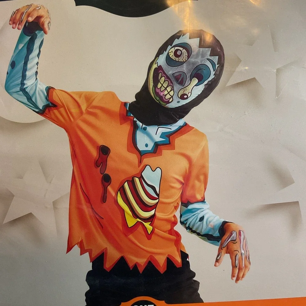 NEW Zombie Halloween‎ Costume Child OSFM Glows Under Blacklight Shirt/Mask